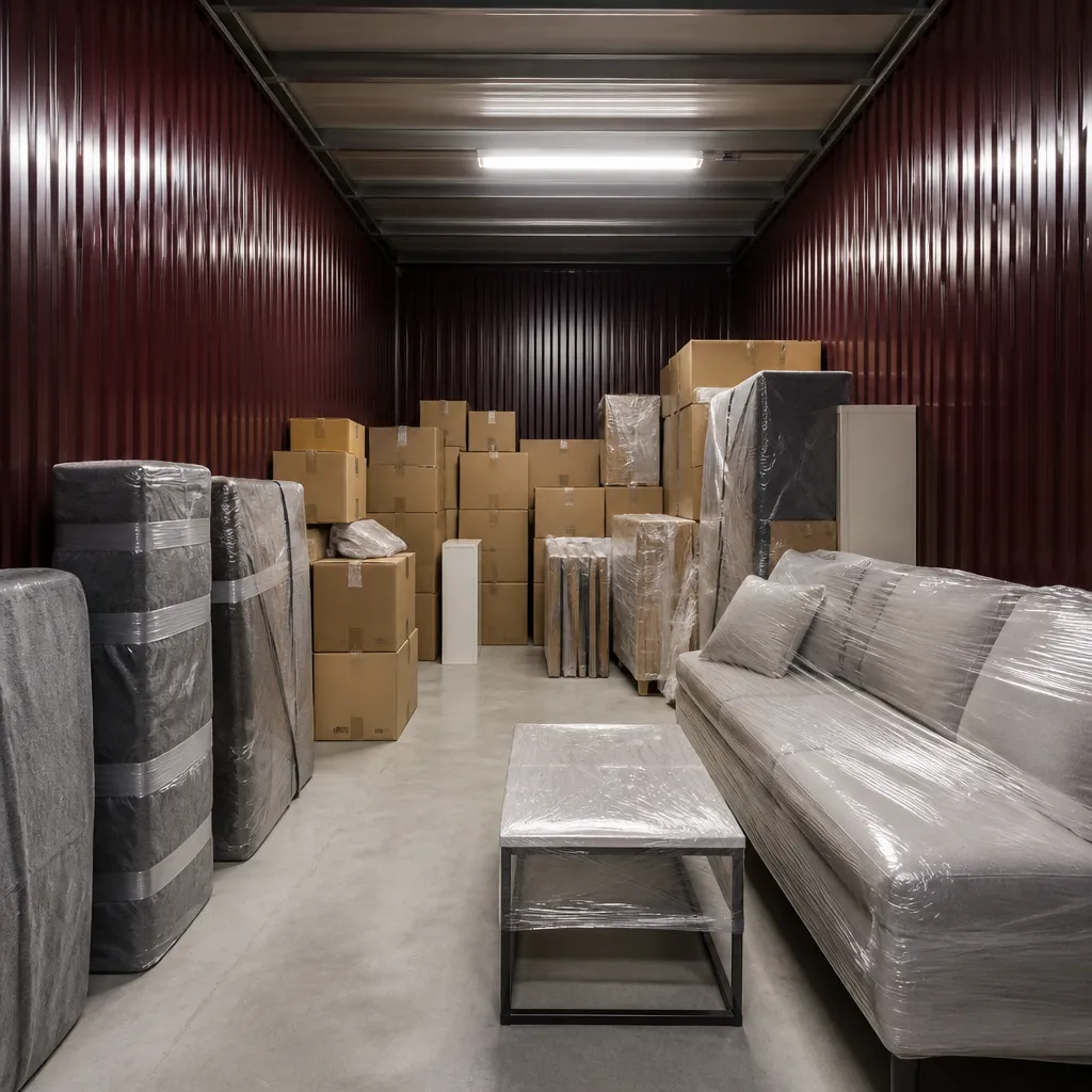 Intérieur d’un grand box, mobilier de salon complet et électroménager sous housse