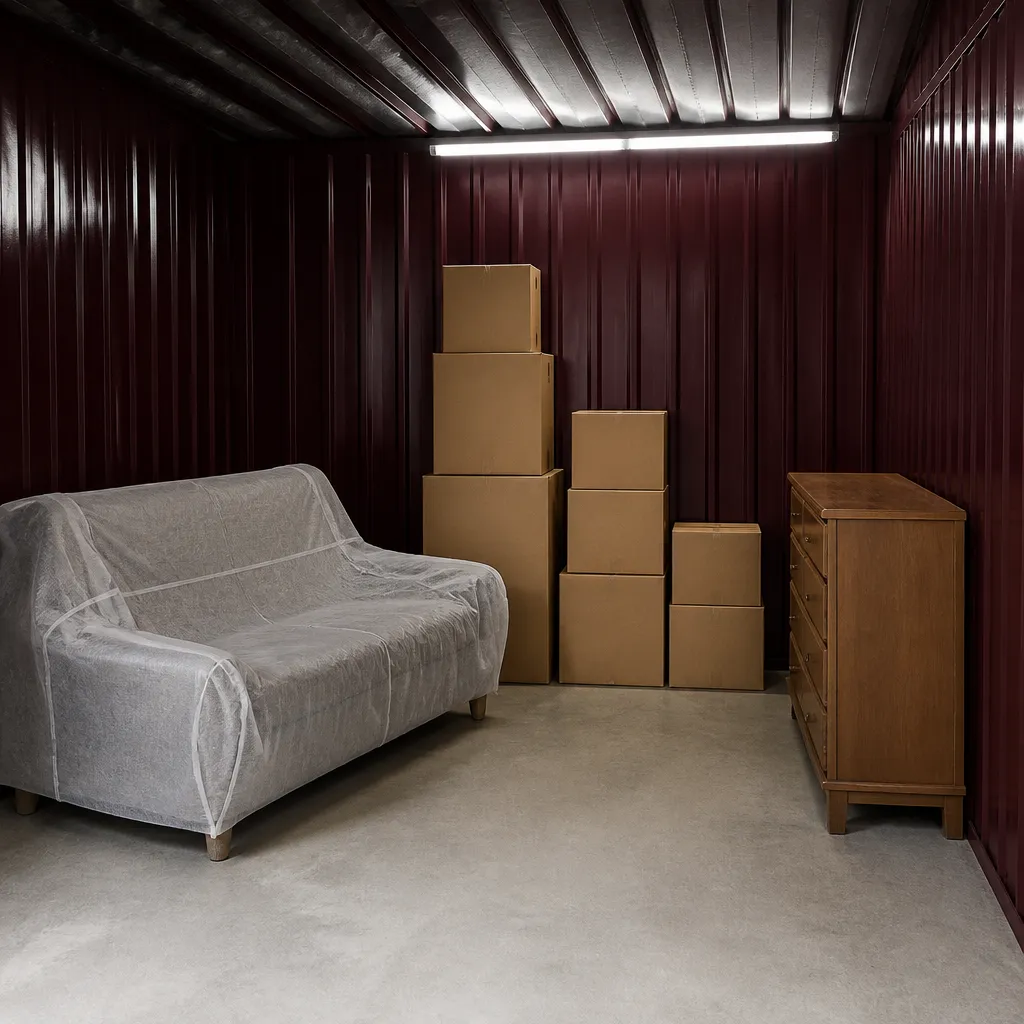 Intérieur d’un box de taille moyenne, canapé sous housse et cartons empilés