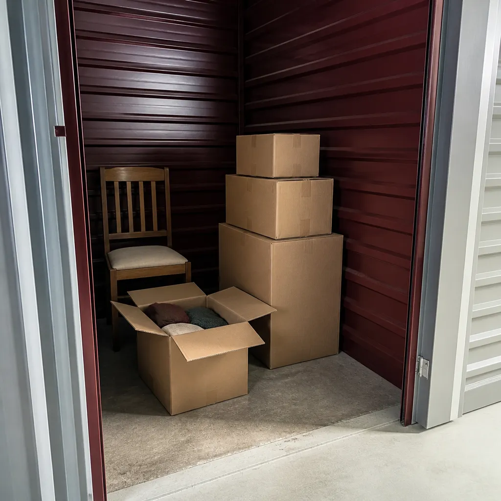 Intérieur d’un petit box loué pour un studio, cartons de déménagement empilés