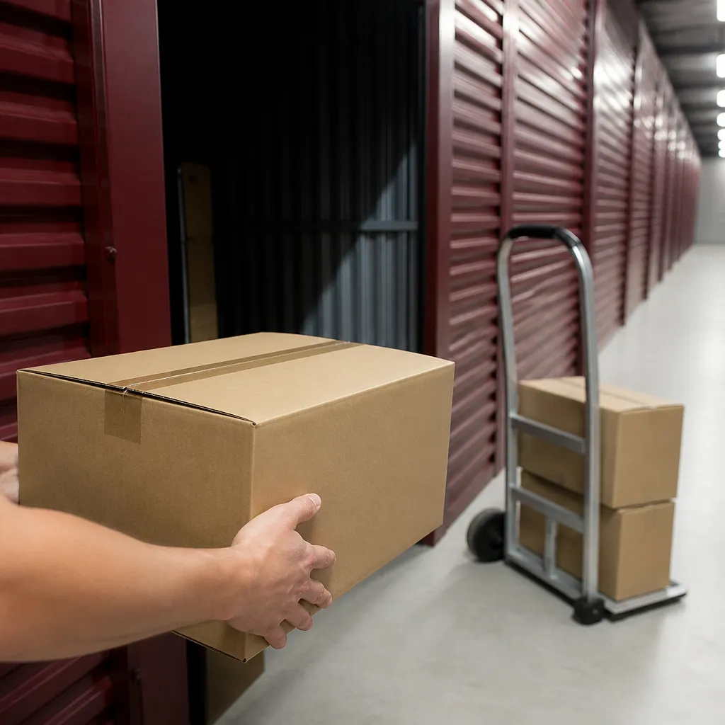 Locataire portant un carton de déménagement vers la porte ouverte de son box